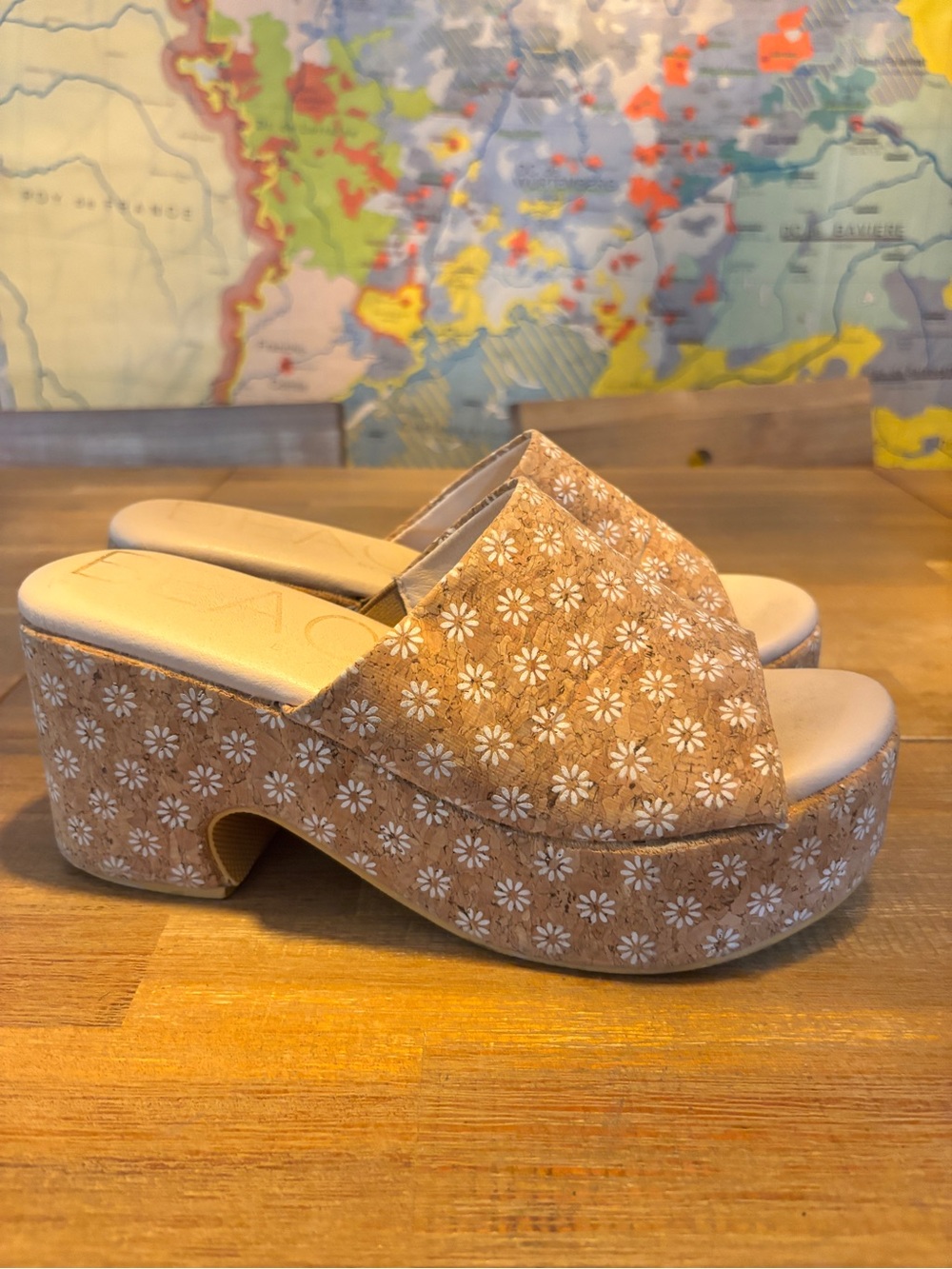 Floral Platform Slide Mules in Tan for Women